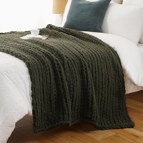 Olive Green Chunky Knit Throw Blanket, Knit Throw Blanket for Couch 50"x60" | Soft Thick Green Chenille Throw Blanket, Handmade Cable Knit Crochet Blanket for Bed, Sofa, Living Room - color: Olive Green