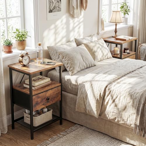 Night Stand, Small Nightstand with Charging Station | Bedside Table with Fabric Drawer, End Table Living Room, Side Table with USB & Type-C Ports for Bedroom, Rustic Brown - color: Rustic Brown, style: One-drawer