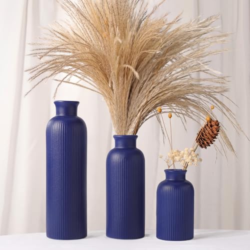 Small Navy Blue Ceramic Vase Set of 3, Boho Modern Navy Blue Flower Vase Room Decor, Farmhouse Decor, Vases for Your Kitchen, Bathroom, Bedroom, Living Room, Office&Shelf Centerpiece Table Decorations - color: Navy Blue