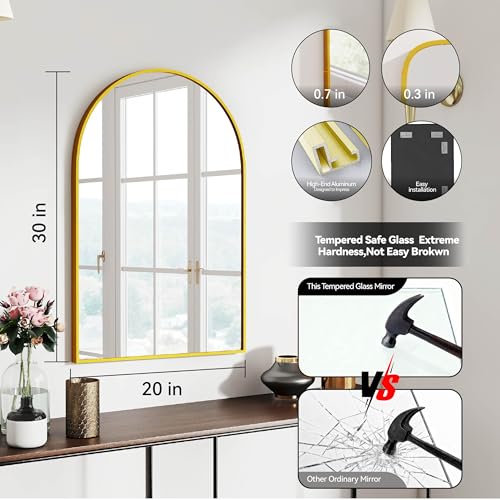 30x20 Bathroom Mirror Arch Wall Mounted/Against Aluminum Frame Gold | HD Crystal Clear No distortion Tempered Glass,Make-Up Vanity Mirrors for Bedroom,Entryway,Bathroom,Living Room - color: Gold, size: 30"L x 20"W