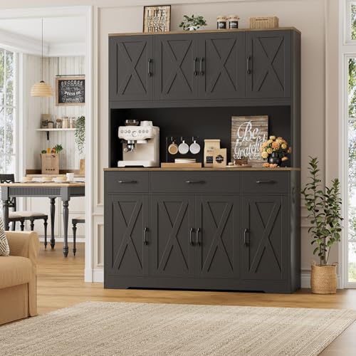 HOSTACK 71" Tall Kitchen Pantry Storage Cabinet, 55" W Kitchen Hutch, Black | Large Pantry Cabinet with Charging Station / Countertop / 3 Drawers, Farmhouse Hutch Cabinet with Storage for Dining Room - color: Black