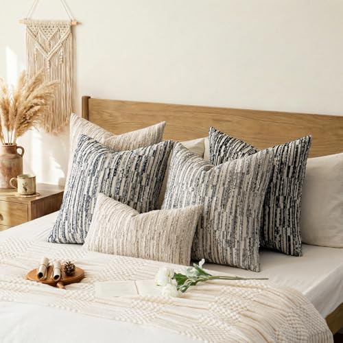 a moment Boho Striped Decorative Throw Pillow Covers 20"X12"Set of 2,Blue | Rustic Farmhouse Pillow Cases,Aesthetic Modern Home decor,Couch Cushion Covers,For Bed Sofa Living Room - color: Blue, size: 20" x 12" (Pack of 2)