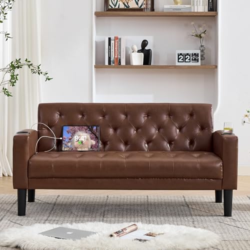 TYBOATLE 152.5cm(62인치) 브라운 가죽 2인용 소파, 거실용 USB 포함 소형 소파 | 작은 소파, 러브 시트 소파, 중세 모던 터프트 디자인, USB 포트 2개 및 컵홀더 2개, 사무실 침실 기숙사, 브라운 - color: 브라운.