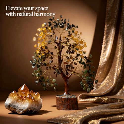 Money Wealth Crystal Tree of Life Set with Citrine, Pyrite, Tiger Eye, Green Aventurine, Chakra Healing Gemstone Trees for Prosperity, Success, Good Luck, Birthday Gifts for Women, Mom - color: Money Wealth Golden Wire