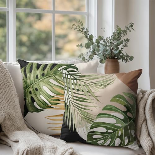 Tropical Palm Leaves Decorative Throw Pillow Covers 18x18 Inch Set of 2 Summer Green Banana Leaf Monstera Plant Pillow Cases Modern Farmhouse Outdoor Cushion Cases for Home Couch Sofa - color: Tropical Palm Leaf Pillow Covers - A12-6, size: 18" x 18" (Pac