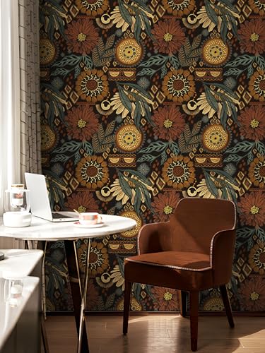 Peel and Stick Wallpaper Vintage Dark Floral Wallpaper | Renter Friendly Removable Bathroom Wallpapers Textured Boho Contact Paper for Kitchen Cabinet, 17.5 x 118 in - color: Brown, size: 17.5" x 118"