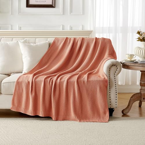 Joydeco Chunky Cable Knit Throw Blanket, Lightweight 100% Cotton Soft Cozy Throw Twin Blanket for Couch Bed and Sofa, Rustic Breathable Farmhouse Blanket Gift for Women Men(Burnt Orange, 51"x63") - color: Burnt Orange, size: Throw (51" x 63")