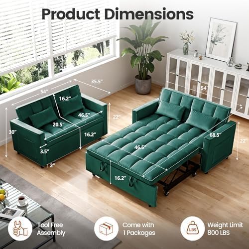 Sleeper Sofa Bed with Adjustable Backrest & Side Pockets, Green | Adjustable Backrest & Side Pockets,Pull Out Sofa,Comfortable Fabric - color: S-green-s2