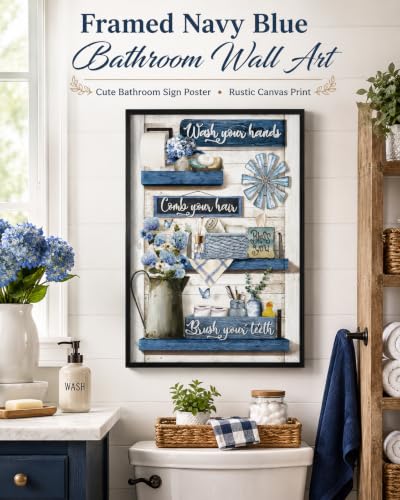 Framed Navy Blue Bathroom Wall Art Cute Bathroom Sign Poster Country Bathroom Pictures Wall Decor for Wash Your Hands Rustic Canvas Prints for Bathroom painting 16x12 inch - color: blue2, size: 12"L x 16"W