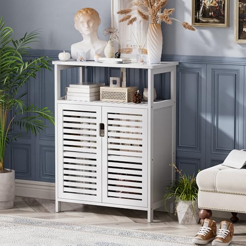 HITNET Bathroom Storage Cabinet, Bamboo Floor Cabinet with Double Doors and Open Shelf, Freestanding Cupboard for Living Room, Kitchen, Entryway, White - color: White