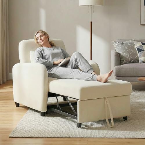 CHITA Sleeper Chair, Pull Out 3-in-1 Convertible Single Sofa Bed Chair with Adjustable Backrest, Chenille Chaise Lounge Chair for Living Room, Bedroom & Apartment - color: Cream