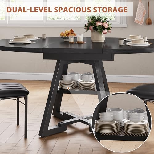 Extendable Dining Table for 4-8, Round Extendable Dining Room Table with Removable Leaf & Storage Shelf, Expandable Oval Kitchen Table with Pedestal Base, Modern Industrial Space Saving (Black) - color: Black
