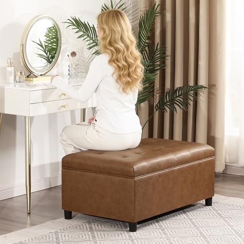 Rectangular Lift Top Storage Ottoman Bench, Faux Leather Storage Bench for Living Room Entryway Bedroom, Ochre Yellow - color: Ochre Yellow