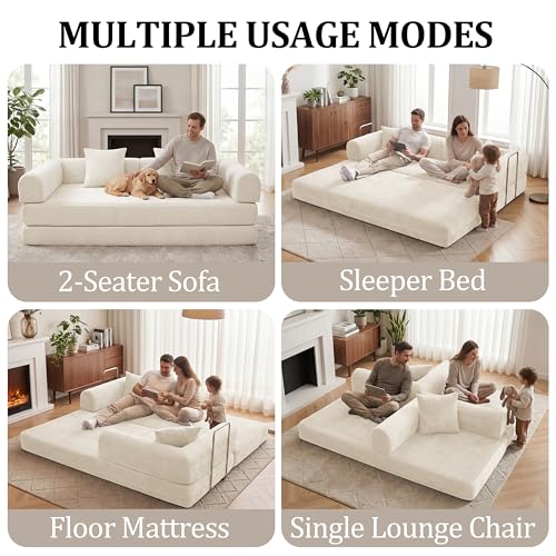 79" Boneless Couch,4-in-1 Futon Sofa Bed Modular Loveseat Sleeper Folding Compressed Couch with Pillows,No Assembly Required Convertible Sofa Bed for Living Room Bedroom Guest Room,Beige - color: Beige, size: 79” Sofa