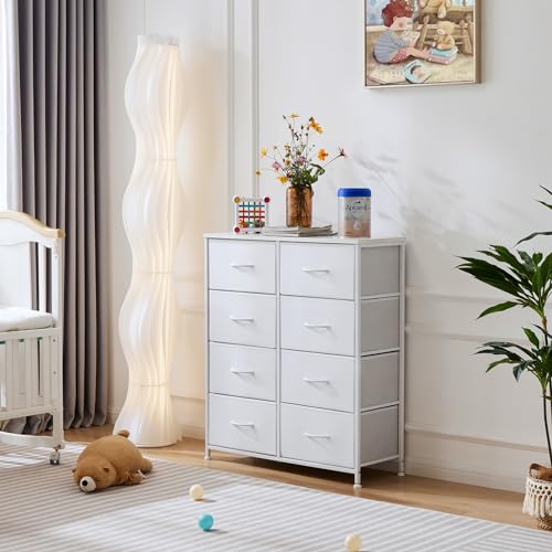 OLIXIS Dresser for Bedroom, 8 Storage Drawers, Tall Fabric Tower Organizer | Large Dresser for Closet, Chest of Drawers with Metal Frame Wooden Top for Nursery, Living Room, Entryway, White - color: White, size: 11.8"D x 31.5"W x 36.4"H (8 Drawers)