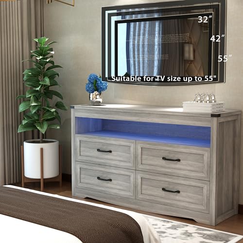 Grey Dresser for Bedroom, Wooden 4 Drawer Dresser with LED Light, Dressers & Chests of Drawers with Metal Handles, Storage and Organization for Bedroom, Hallway, Entryway, Gray - color: Grey, style: LED 4 Drawers