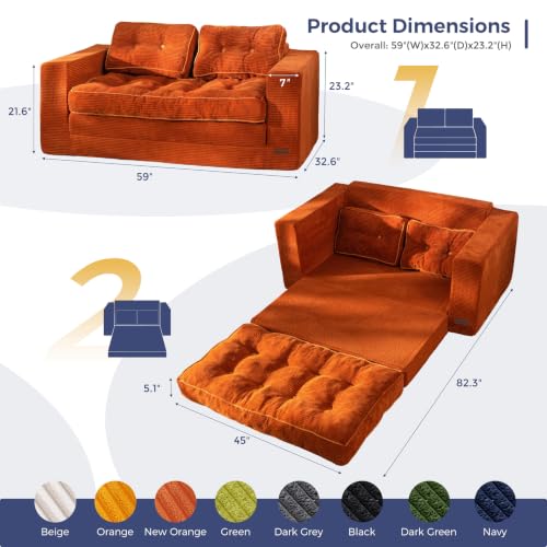 MAXYOYO Folding Sofa Bed, Convertible Sleeper Loveseat with Pillows | 2-Person Fold-Out Loveseat, Convertible Sleeper Bed with Supportive Pillows for Relaxing or Overnight Guests, Orange - color: Orange Red