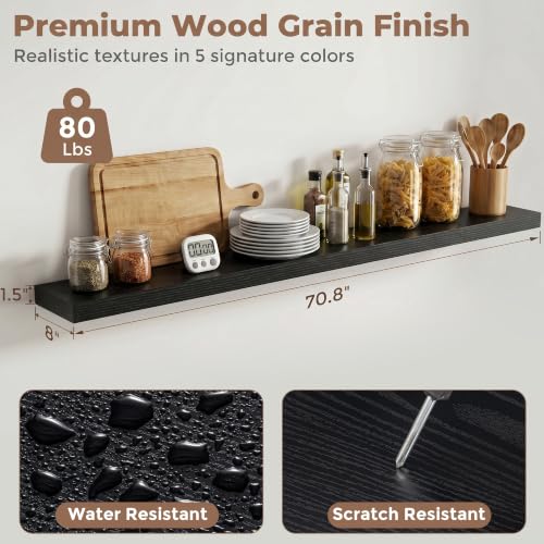 8 inch Deep Floating Shelves for Wall, 72" Wide, Black Finish, 2-Pack | Engineered Wood Wall Shelves with Invisible Brackets for Living Room, Bedroom, Bathroom, Office & Kitchen Storage - color: Black Finish, size: 72"W x 8"D, 2p