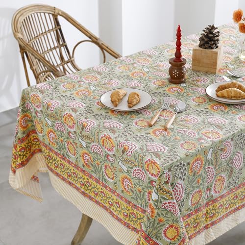 Labhanshi Block Print Floral Tablecloth, Burnt Orange, 72x108 - color: Burnt Orange, size: 108" x 72" (Rectangular)