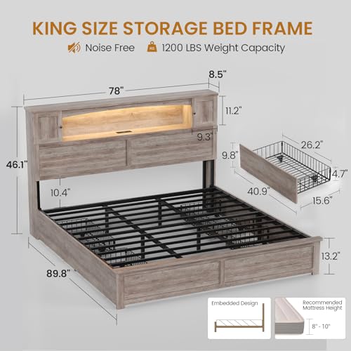 MSmask Farmhouse King Size Bed Frame with Bookcase and Storage Cabinets Headboard, Wood Platform Bed with LED Lights, Charging Station, 4 Drawers, Decoration Footboard, No Box Spring Needed, Grey - color: Grey, size: King