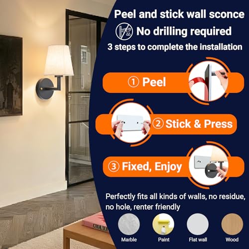 YHCDLAMP Peel and Stick Wall Sconces, No Drilling Stick On Wall Sconce, Wireless Battery Operated Wall Lights, Adhesive Wall Lamp with 10000mAh Battery Bulb for Bedroom Living Room Decor - color: Black-SetOfTwo