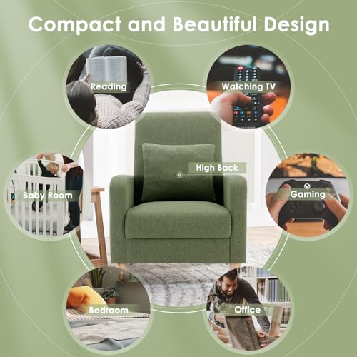 COLAMY Mid-Century Modern Accent Chair, Fabric Upholstered Living Room Chair with Back Pillow & Solid Wood Legs, Comfy Armchair for Living Room, Bedroom, Single Sofa, Green - color: Green, size: Set of 1