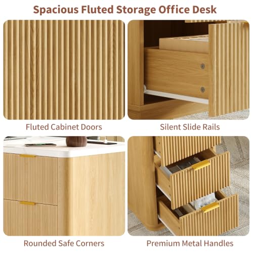 63" Fluted Computer Desk with Charging Station and Storage for Bedroom, Home Office | Home Office Desk with 6 Drawers and Power Outlet, Executive Study Writing Desk with Cabinet, Natural