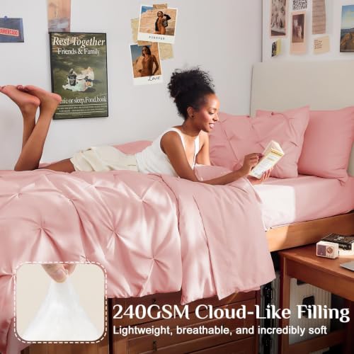 JOLLYVOGUE Twin Comforter Set 5 Pieces - Bed in a Bag Twin for All Season, Pintuck Bedding Comforter Sets with Comforter, Flat Sheet, Fitted Sheet and Pillowcases & Shams, Pink - color: Pink, size: Twin
