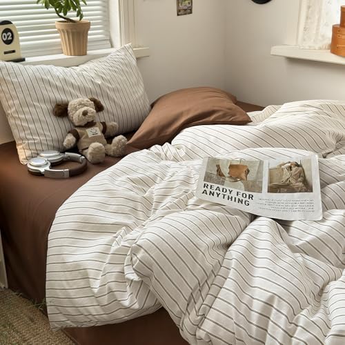 mixinni Vintage Striped Twin Duvet Cover Set, 3 Piece Premium Washed Microfiber Minimalist Beige Brown Stripes Bedding, Neutral Comforter Cover with Hidden Zipper & Corner Ties for Men Women - color: 04 - Neutral Cream Brown Stripes, size: Twin(68" x 86")