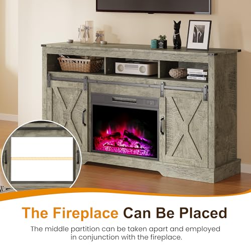 RoyalCraft Farmhouse Fireplace TV Stand for 65+ Inch TV, Entertainment Center with 23" Electric Fireplace with Remote, 34" Modern Rustic TV Console with Sliding Bar Door for Living Room, Light Grey - color: Light Grey, style: Electric Fireplace Included