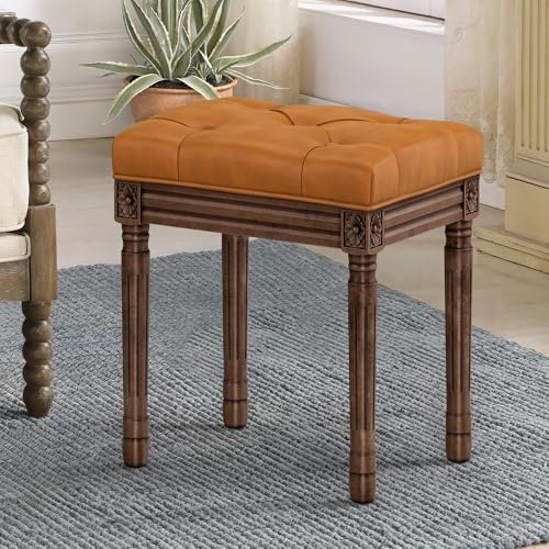 LUE BONA Upholstered Fabric Vanity Bench Seat, Makeup Stools for Vanity, Square Tufted Ottoman Bench with Carved Dark Brown Color Legs for Bedroom Living Room, Whiskey Brown - color: Whiskey Brown and Dark Brown