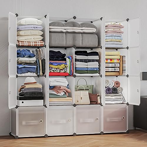 Cube Storage Organizer,16-Cubes Shelf Unit with Door and Metal Mesh. Large Capacity Storage Books,Toy and Clothes Organizers Cabinet. Ideal for Home, Bedroom,Office, Bookroom,White(14x14inch)