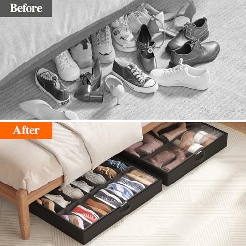 Lifewit Under Bed Shoe Storage Organizer 1 Pack(14 Shoes Cells+4 Boots Cells), 4.3 Inches Profile Fabric Shoes Container Box with Clear Cover, Foldable Storage Bag with 2 Handles, Fits 11 to 18 Pairs - style: 14 Shoes Cells+4 Boots Cells
