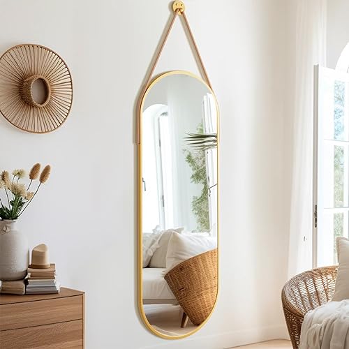 Dewfig 48"x16" Full Length Mirror, Oval Wall Mirror, Leather Strap, Gold | Hanging Mirror with Aluminum Frame, Leaning/Hanging/Wall-Mounted, Suitable for Bedroom, Livingroom, Cloakroom, Entryway - color: Gold-oval, size: 48"L x 16"W