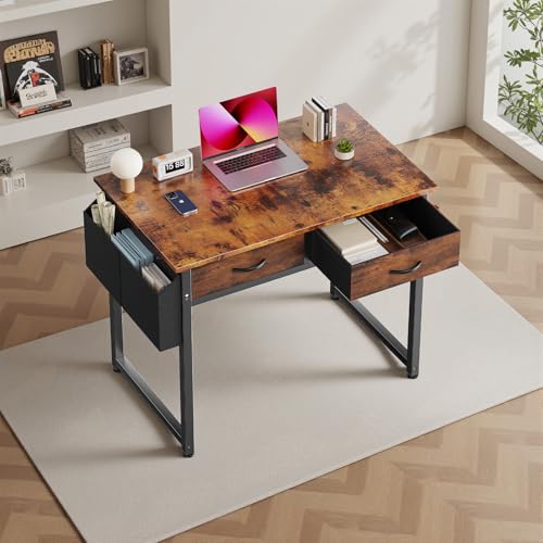 DUMOS 32" Home Office Computer Desk with Drawers, Small Gaming Writing Study Table with Storage Side Bag, Headphone Hook and Adjustable Feet for Bedroom Rustic Brown | Small Writing Desk for Home Office with Headphone Hook, Compact Study Table for Bedroom