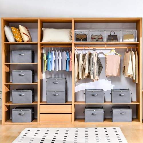 INSTY 2 Pack Shoe Organizer for Closet,Fits up to 32 Pairs,Adjustable Dividers for Shoe Storage,Fabric Shoe Storage Bins with Clear Cover,Grey - color: Grey