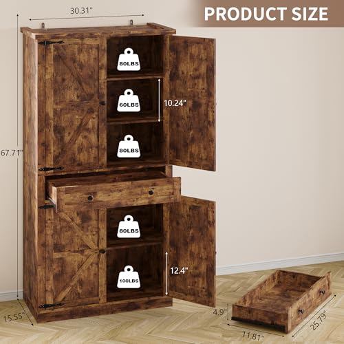 BORNOON Pantry Organizers and Storage Cabinet, 67.71” Barn Door White Kitchen Cabinet with Drawers and Adjustable Shelf, Tall Pantry for Kitchen, Dining Room, Living Room - color: Brown, size: Single Drawer