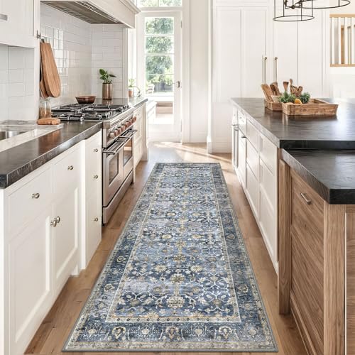 KUTA Vintage Wide Washable Runners for Hallways 3x8 ft Blue Grey Beige | Non-Slip, Non-Shedding, Low Pile, Ultra Soft Distressed Kitchen Runner For Hall Entryway Bedroom Laundry Foyer - color: Blue Grey Beige, size: 3' x 8' (Runner)