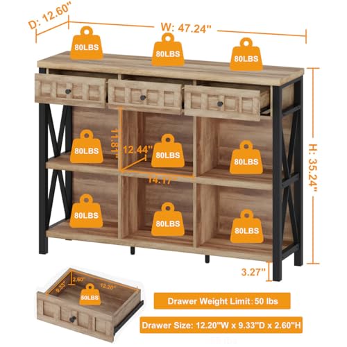 Rustic 6 Cube Storage Organizer Bookshelf with 3 Drawers, 47 Inch Long Horizontal Bookshelf, Industrial Wood Short Low Cube Bookcase for Living Room, Home Office (Rustic Oak) - color: Rustic Oak, size: With Drawer