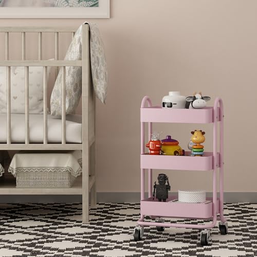 Metal Rolling Cart,3-Tier Pink Rolling Cart with Wheels,Metal Utility Cart with Wheels for Office,Home,Kitchen,Garden๏ผ13.4"x18.1"x31"๏ผ Pink - color: Pink, size: 31"H