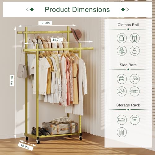 Lutown-Teen Metal Clothes Rack with Lockable Wheels, Double Rods, Gold | Clothing Rack Heavy Duty with Storage Rods, 150 LB Capacity Garment Rack, Easy Assembly - color: Gold, size: Double Rods