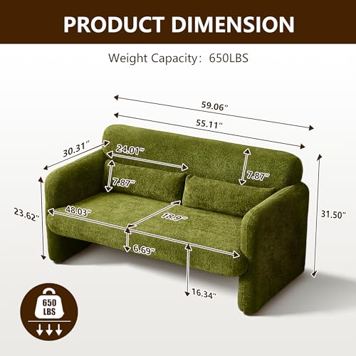 59" W Loveseat Sofa, Modern Love seat Couch, Solid and Easy to Install, Upholstered 2-Seater Couch for Bedroom, Apartment, Living Room,Green - color: Green, size: 30.31"D x 59.08"W x 31.5"H