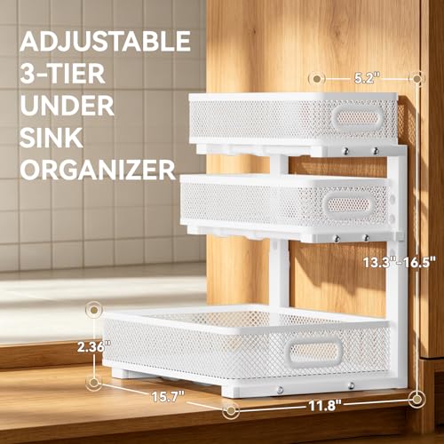 2 Pack 3 Tier Under Sink Organizer with Pull Out Drawer, Height Adjustable Heavy Duty Metal Under Cabinet Organizer, Smooth Sliding Storage Shelf for Kitchen, Bathroom Cabinet Organization, White - color: White, size: 2 Pack