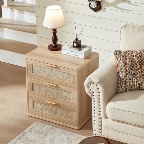 LEYAOYAO Rattan 23" Nightstands with Drawers for Bedroom | Gold Metal Handle, Storage Shelf, Oak Night Stand, Boho Bedside Table, Bed Side End Tables Living Room, Hallway - color: Natural Wood, size: 3 Drawers