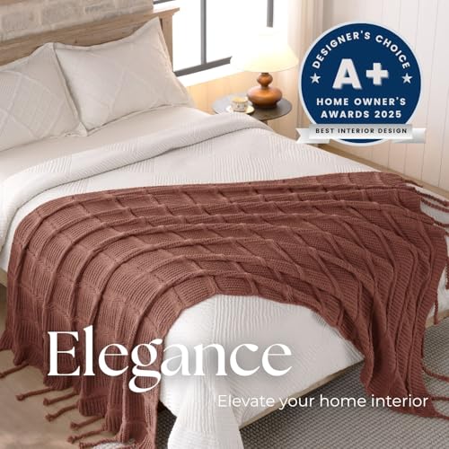 Boho Knitted Chenille Blanket with Tassels - Lightweight & Soft All-Season Throw - 3D Classic Pattern for Living Room Bedroom Couch, Clay Brown, Queen 90"x90" - color: Clay Brown, size: Queen