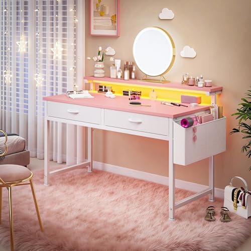 DurayLoly 39.4” Office Computer Desk with LED Lights&2 Fabric Drawers,Pink | Gaming Desk with Side Pocket&Ergonomic Monitor Stand,Small Space Writing Table: Sturdy Metal Fram, Anti-Tip Design for Teen - color: Pink, size: 39.4 Inch
