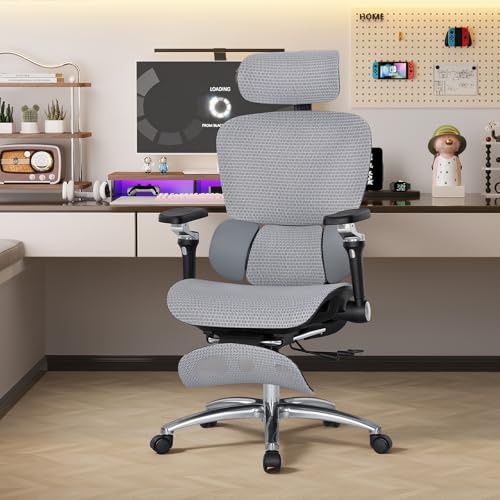 MALOL Ergonomic Office Chair, 400lbs High Back Mesh Desk Chair with 6D Armrests, 3D Headrest, Adjustable Lumbar Support, Seat Depth Adjustment, Tilt Lock, Metal Base & PU Wheels, Grey - color: Grey