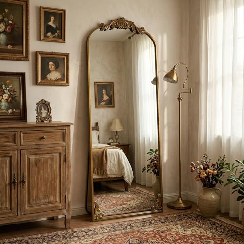 HARRITPURE 64"x21" Vintage Full Length Mirror, Arched Standing Mirror | Baroque Carved Floor Mirror with Metal Frame for Bedroom, Living Room & Entryway, Bronze - color: Bre, size: 64"L x 21"W