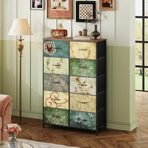 WLIVE Tall Dresser for Bedroom with 10 Fabric Drawers, Floral Painted | 10 Drawers, Fabric Dresser for Closet, Storage Tower with Cabinet, Metal Frame - color: Floral Painted