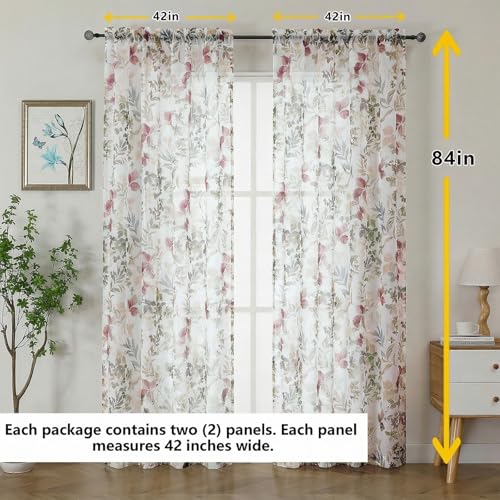 Crushed Sheer Curtains, 84 Inches Long, 2 Panels Set, Floral Printed Drapes for Living Room, Rod Pocket, Light Filtering Farmhouse Window Sheers Purple, (2 Panels, 42" x 84") - color: Purple/Multi, size: 42"W x 84"L (Pack of 2)